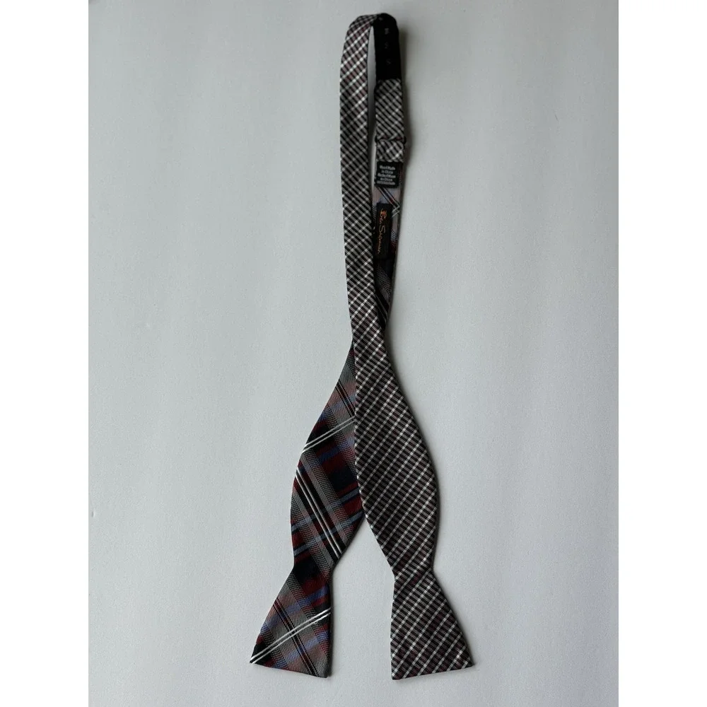 Ben Sherman Men's Silk Bow Tie Adjustable Navy Blue Red &‎ White 2-Sided Plaid